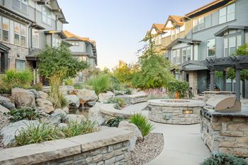 Resort style courtyard with waterfalls